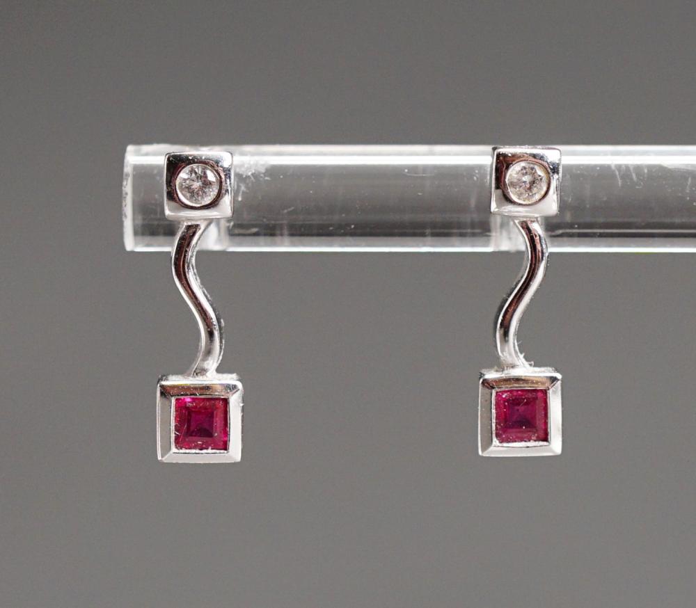 Appraisal: Pair of Modern -Karat White-Gold Diamond and Ruby Pierced Earrings