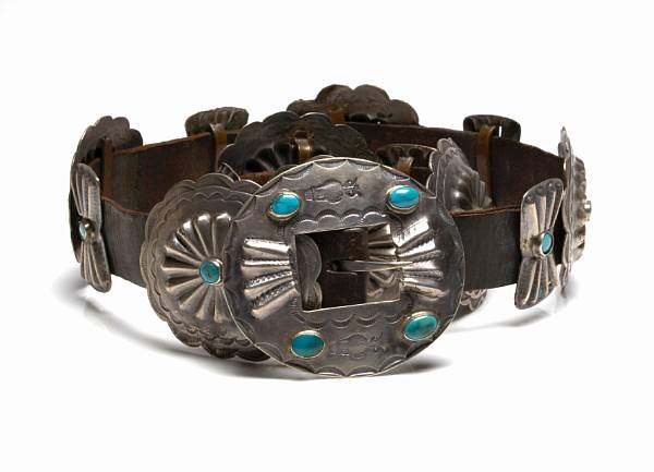 Appraisal: A Navajo silver and turquoise concho belt