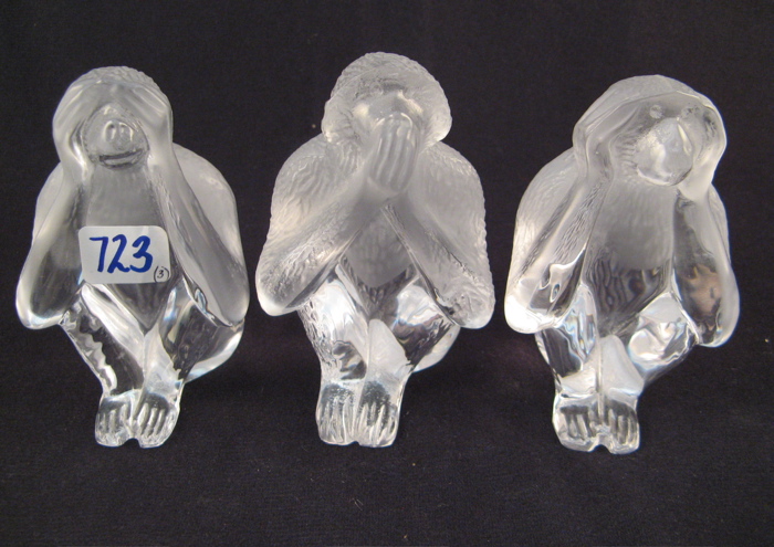 Appraisal: THREE DAUM FRANCE FIGURAL MONKEYS opaque art crystal Hear No