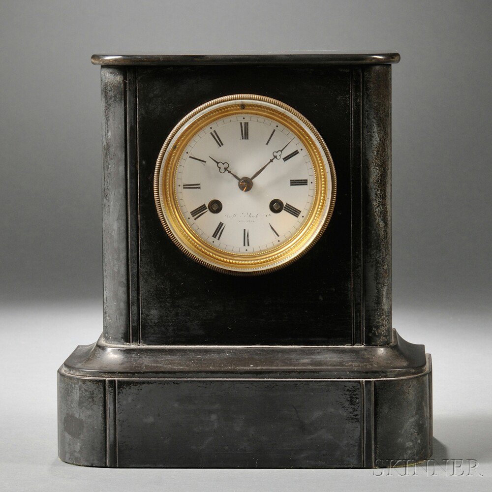 Appraisal: Belgium Slate Mantel Clock the flat top case with a