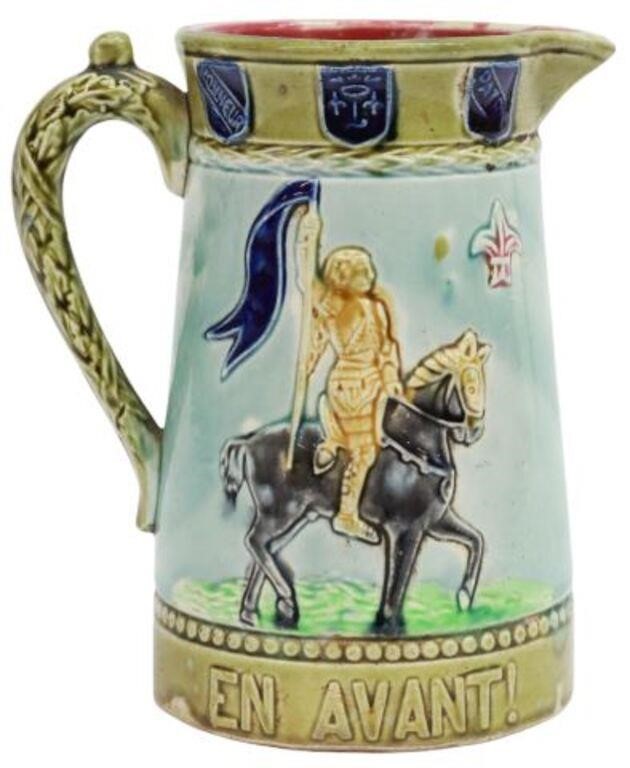 Appraisal: French tin-glazed earthenware Jeanne d'Arc Joan of Arc pitcher Gustave