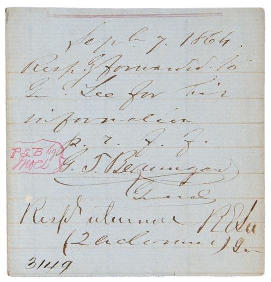 Appraisal: Robert E LEE and P G T BEAUREGARD Clipped autograph