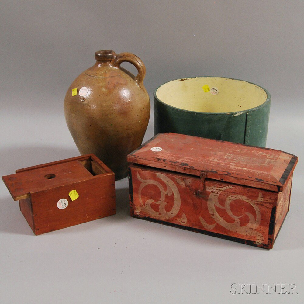 Appraisal: Three Painted Wood Boxes and a Stoneware Jug a red-painted