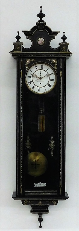 Appraisal: C VICTORIAN EBONIZED MOP FARRINGDON WALL CLOCK England th CenturyRoman