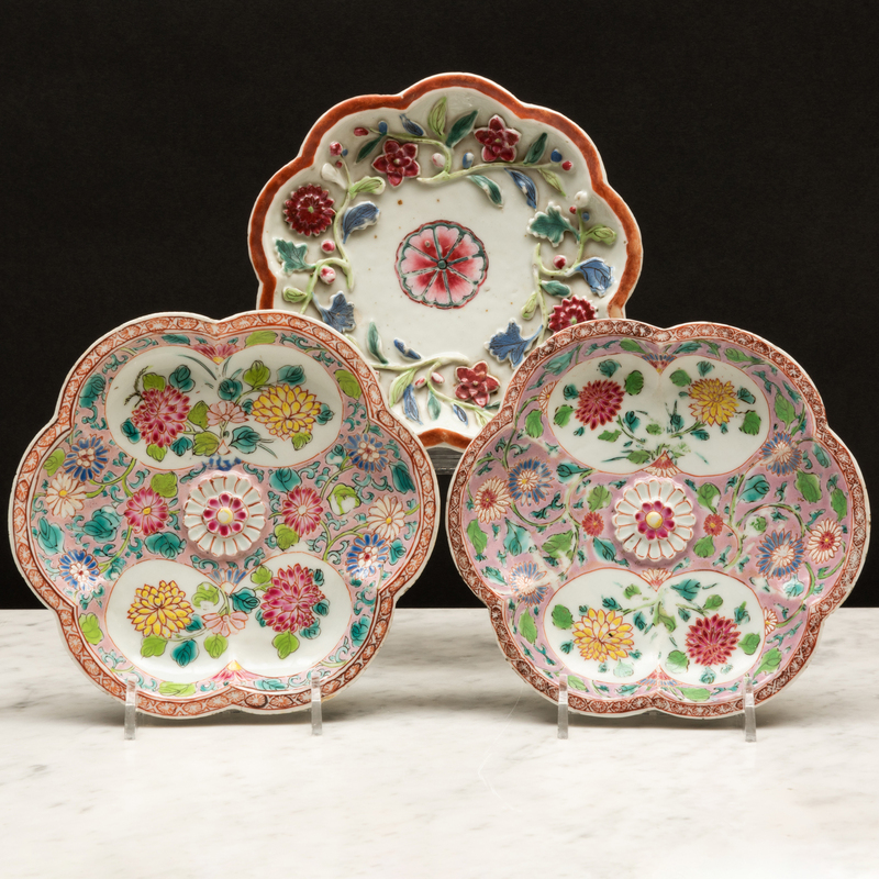 Appraisal: Three Chinese Export Porcelain Famille Rose Porcelain Teapot Stands Unmarked