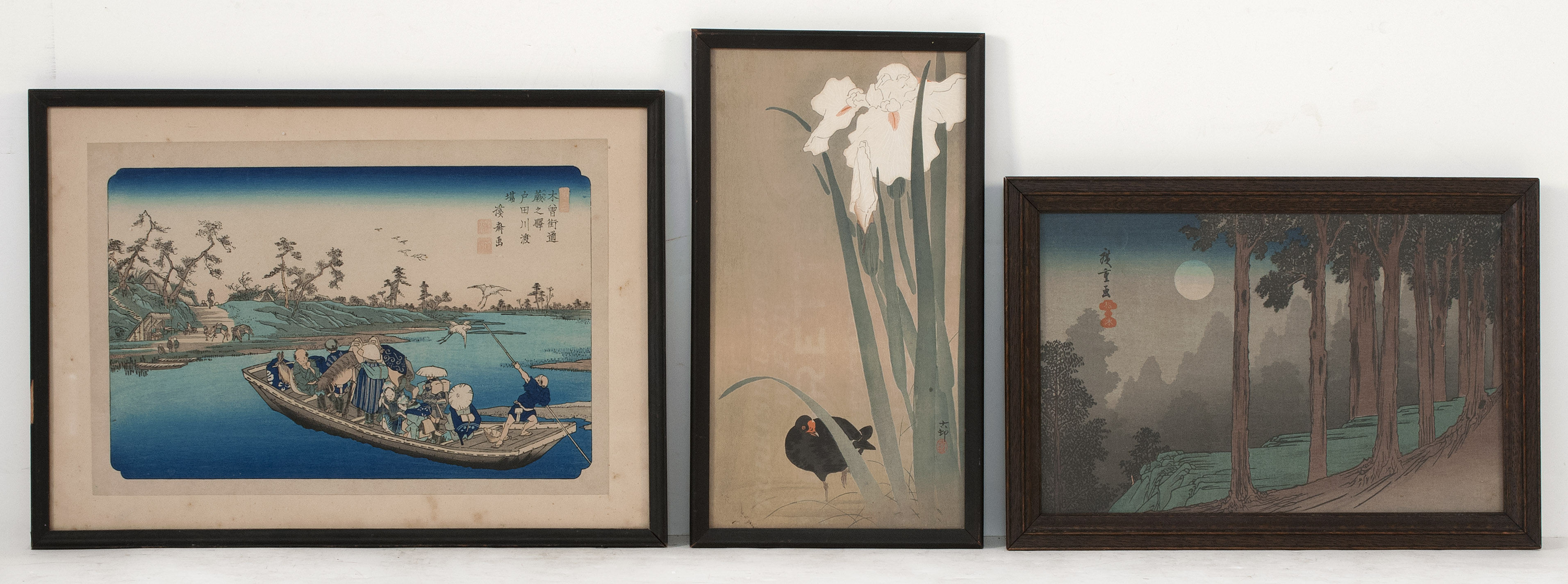 Appraisal: THREE FRAMED WOODBLOCK PRINTS Oban tate-e and Chuban Hiroshige Warabi