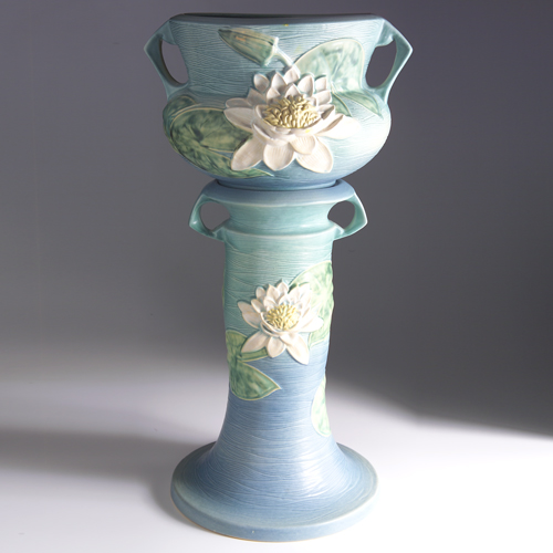 Appraisal: ROSEVILLE Blue Water Lily jardiniere - and pedestal set Raised