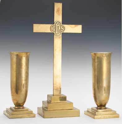 Appraisal: A Heavy Brass Altar Set Three simple heavy bright brass