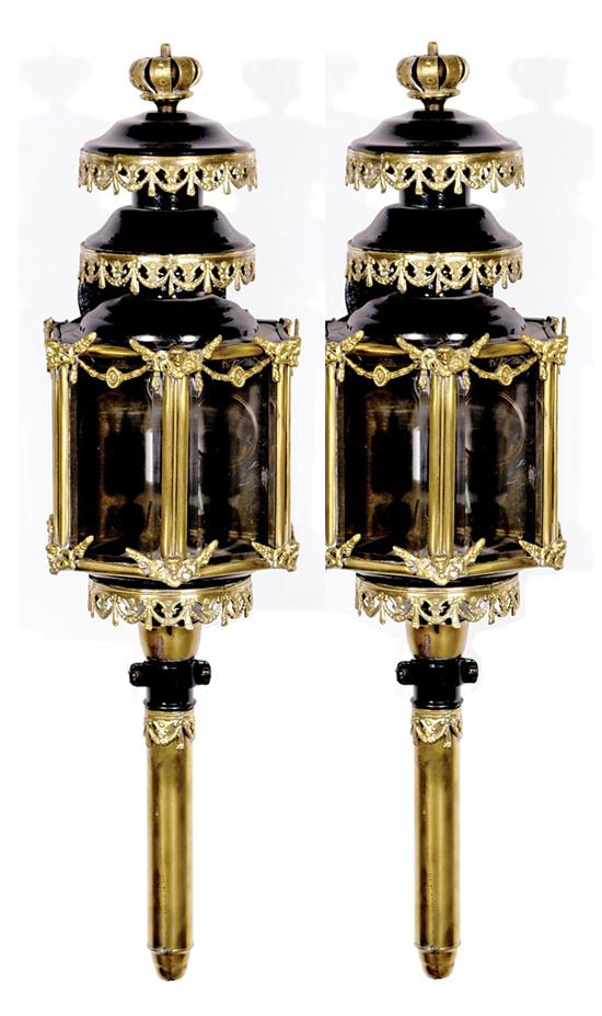 Appraisal: Pair brass-mounted wrought-metal coach lanterns th century coronet finial on