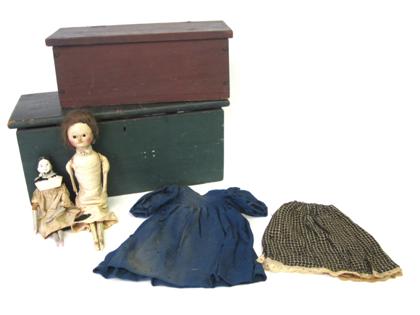 Appraisal: Two painted boxes with two dolls and doll clothing th