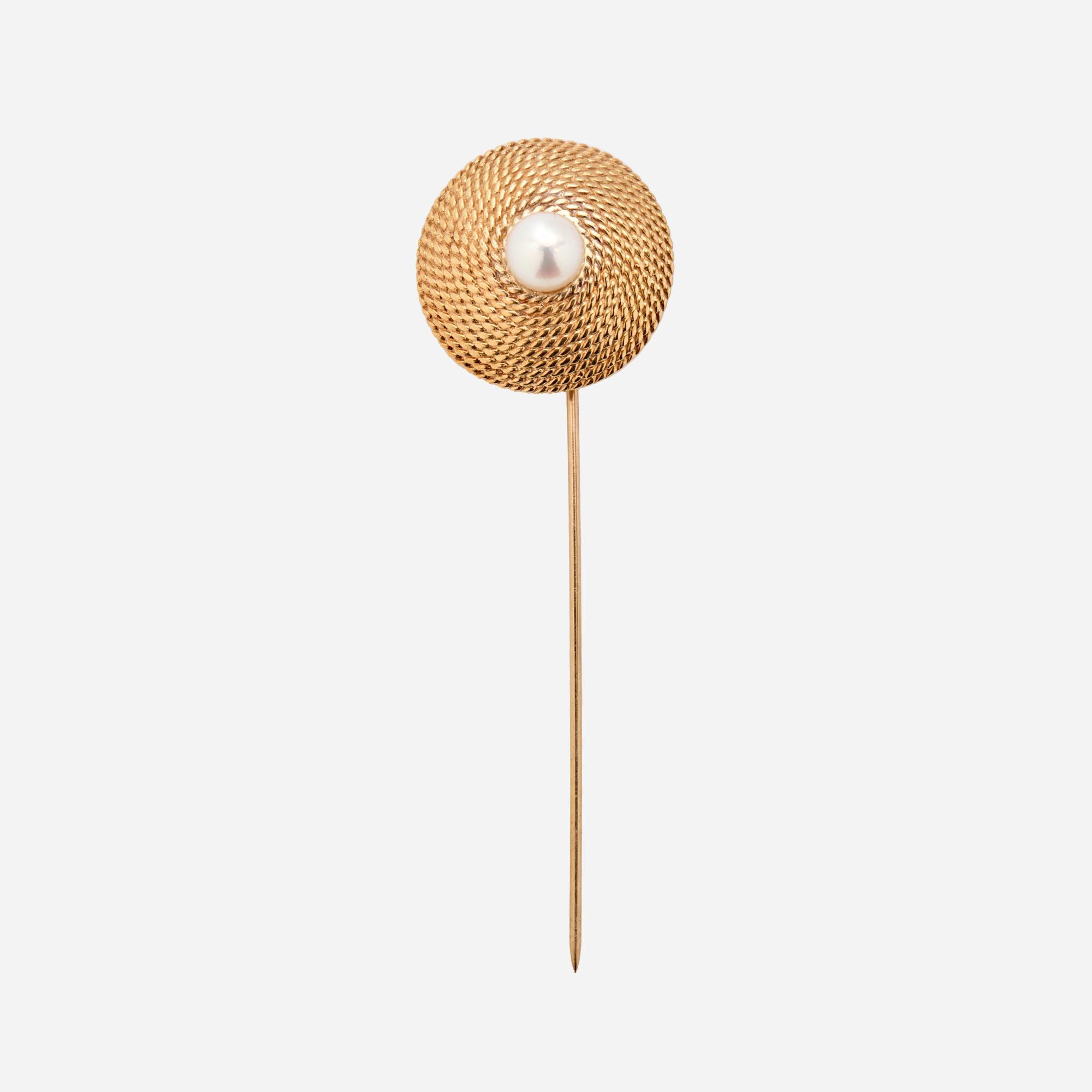 Appraisal: MID-CENTURY MEDALLION AKOYA PEARL STICK PIN IN K A k