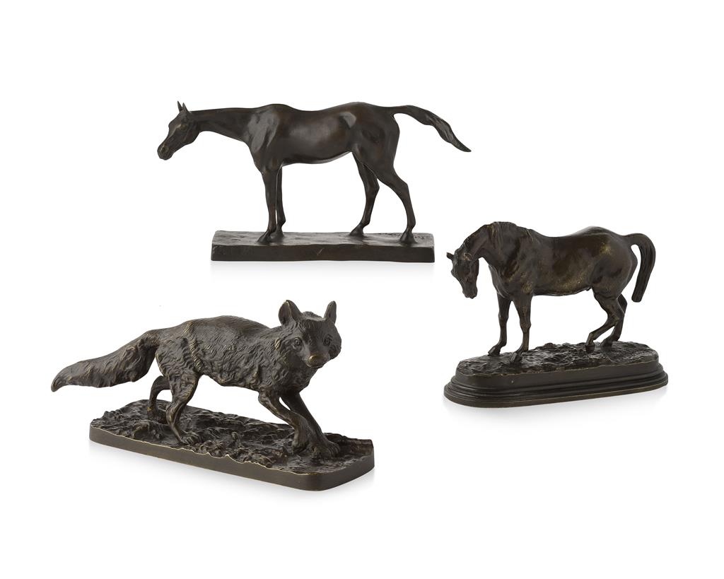 Appraisal: THREE SMALL FRENCH ANIMALIER BRONZES TH CENTURY including a figure