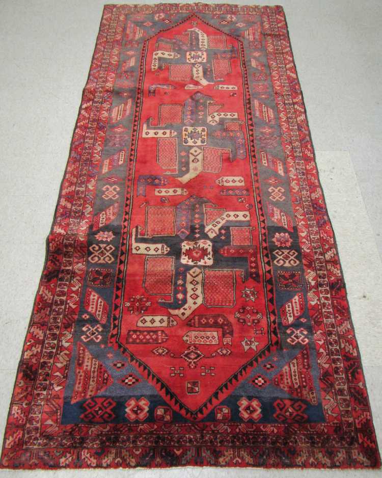 Appraisal: SEMI-ANTIQUE PERSIAN TRIBAL KELLEH WIDE RUNNER triple geometric medallion design