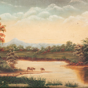 Appraisal: American School Late th Century Landscape with Cows oil on