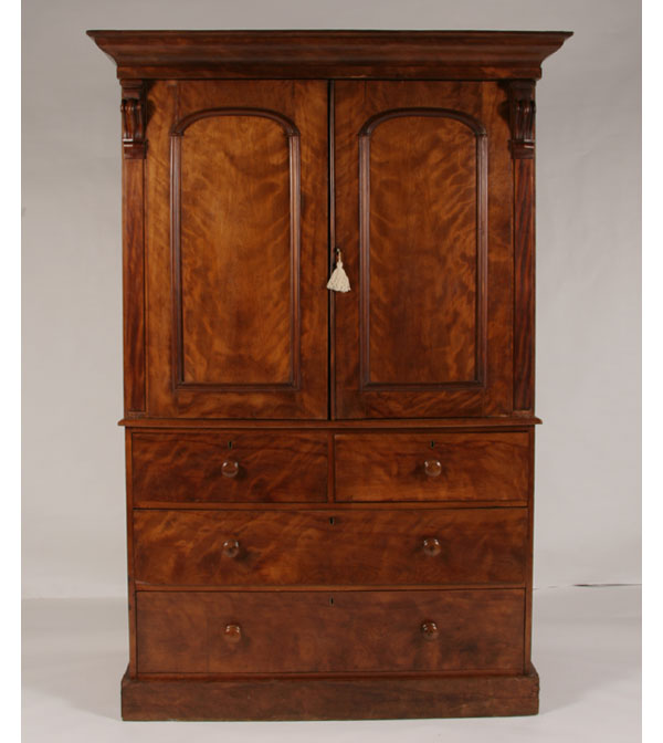 Appraisal: English Georgian mahogany linen press burled wood front four drawers