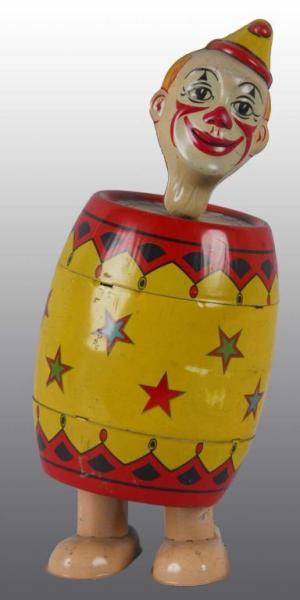 Appraisal: Tin Chein Clown in Barrel Wind-Up Toy Description American Working