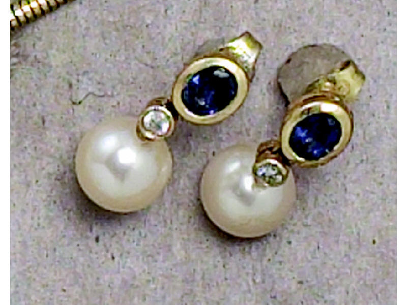 Appraisal: PEARL AND SAPPHIRE EARRINGS k yellow gold dangling pierced earrings