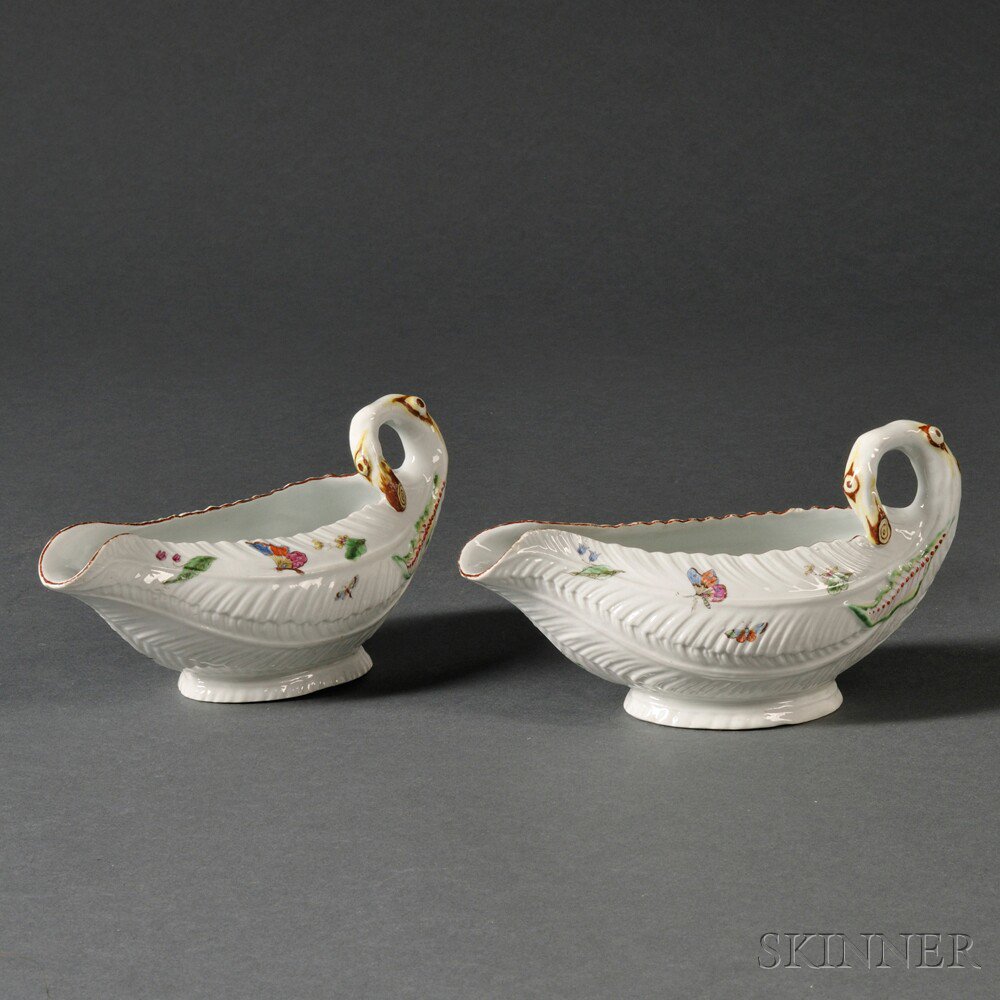 Appraisal: Two Worcester Porcelain Leaf-molded Sauceboats England c naturalistically modeled and