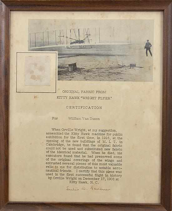 Appraisal: Kitty Hawk ''Wright Flyer'' fabric sample and aeronautical autographs ''