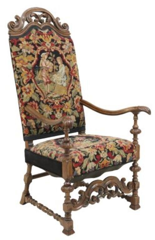 Appraisal: William and Mary style highback armchair early th c carved