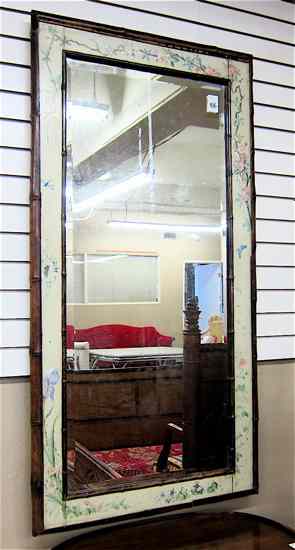 Appraisal: BAMBOO FRAMED WALL MIRROR the rectangular beveled glass mirror in