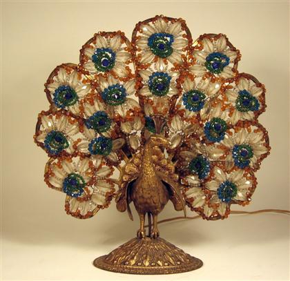 Appraisal: Bohemian beaded and gilt bronze peacock lampThe tail feathers in