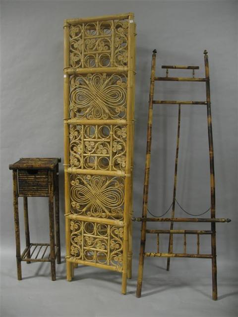 Appraisal: THREE PANEL BAMBOO SCREEN With scrolling decoration together with bamboo