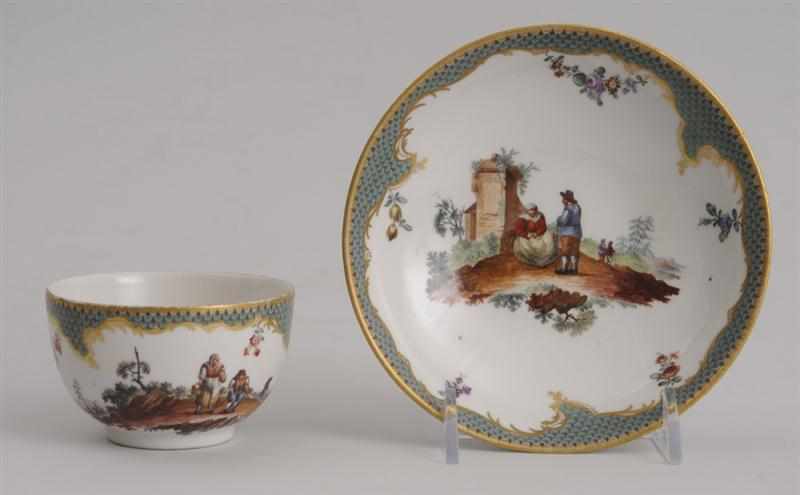 Appraisal: FRANKENTHAL TEACUP AND SAUCER Circa with scene of peasants on