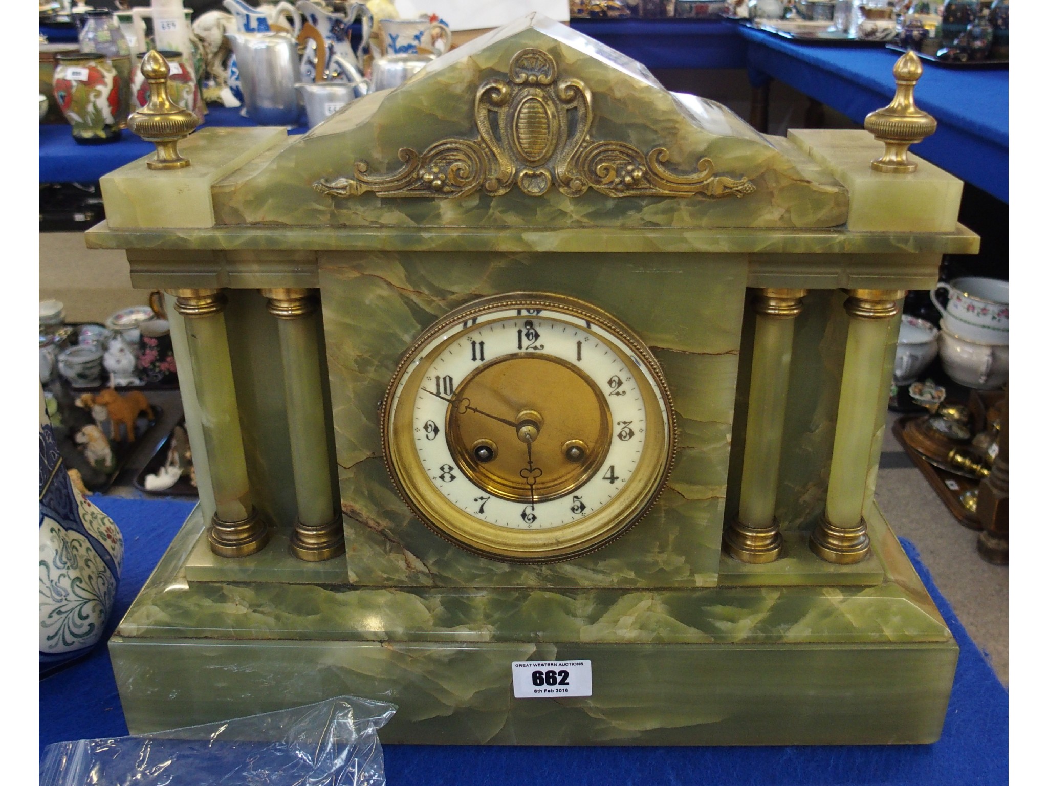 Appraisal: Green onyx mantle clock