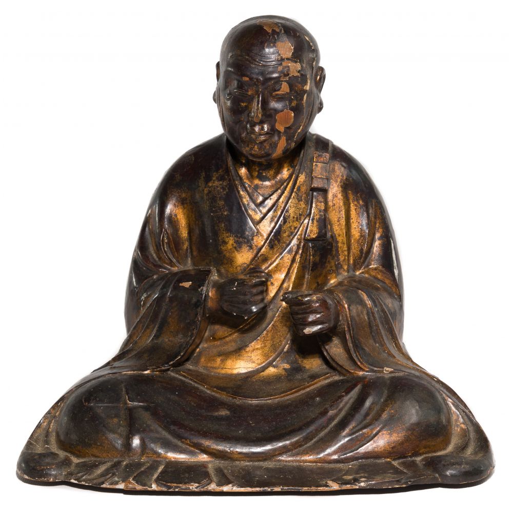 Appraisal: JAPANESE KARAMURA CARVED WOOD FIGURINESeated having remnants of gilding removable