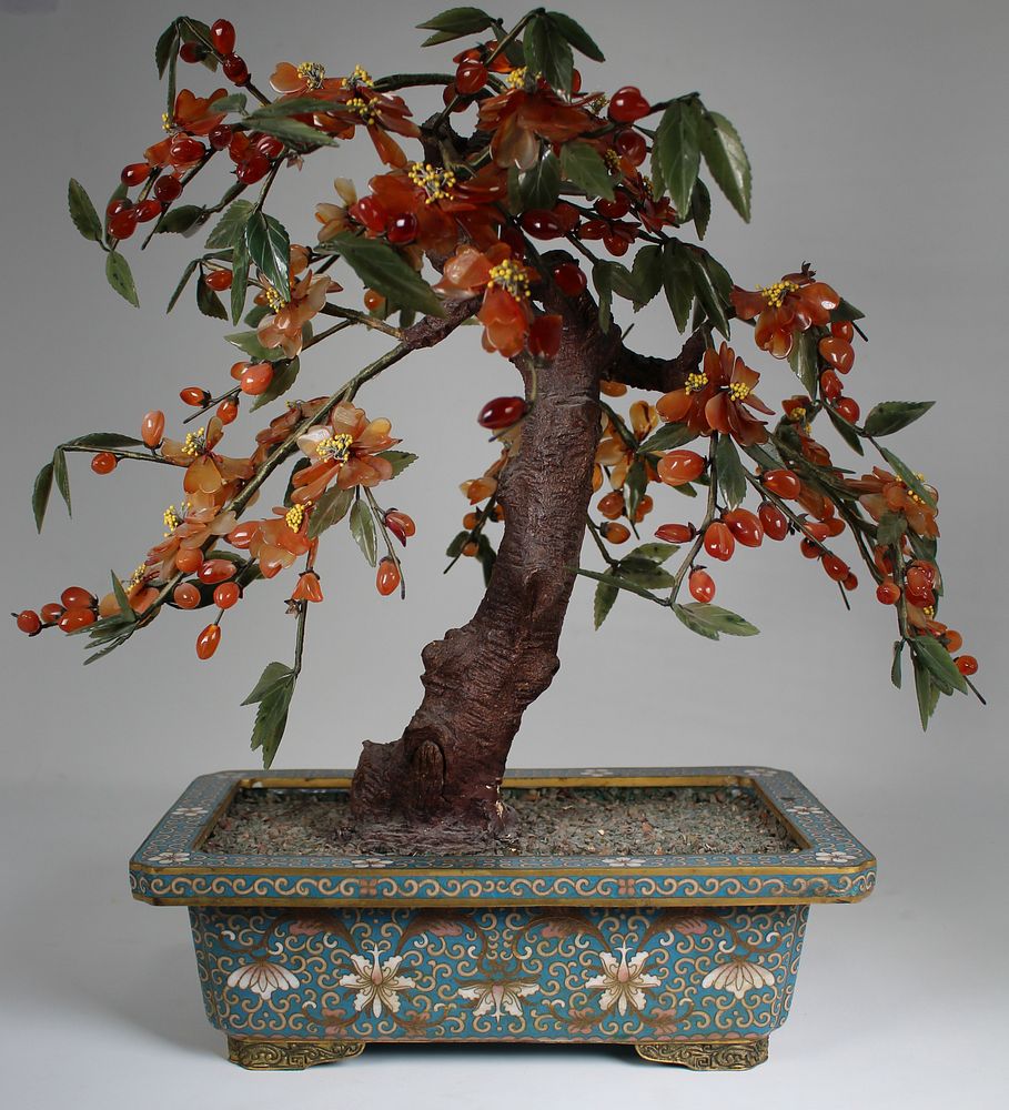 Appraisal: Chinese Cloisonne Jade and Hardstone Tree Chinese Cloisonne Jade and