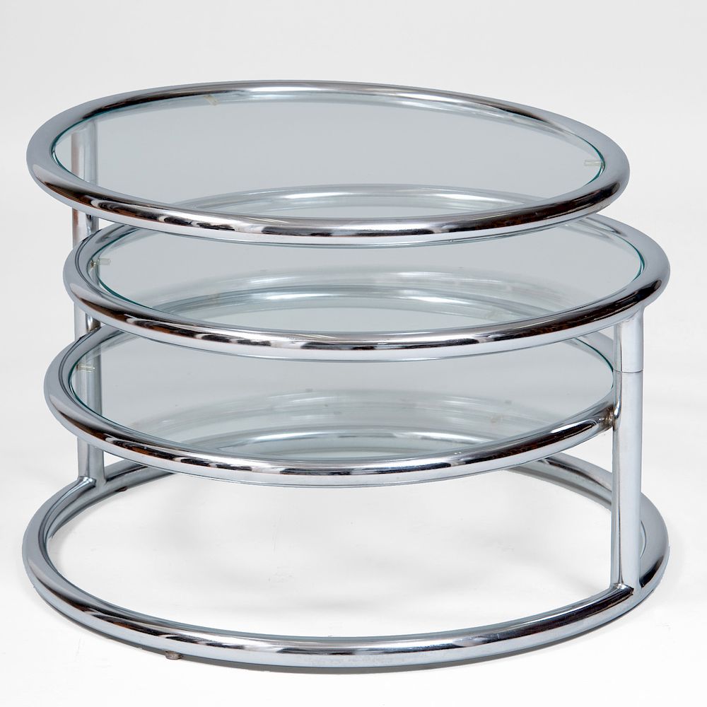 Appraisal: Mid-Century Modern Chrome and Glass Three-Tier Circular Adjustable Coffee Table