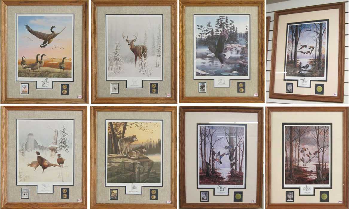 Appraisal: EIGHT WILDLIFE PRINTS WITH STAMPS Five prints by Leo Stans