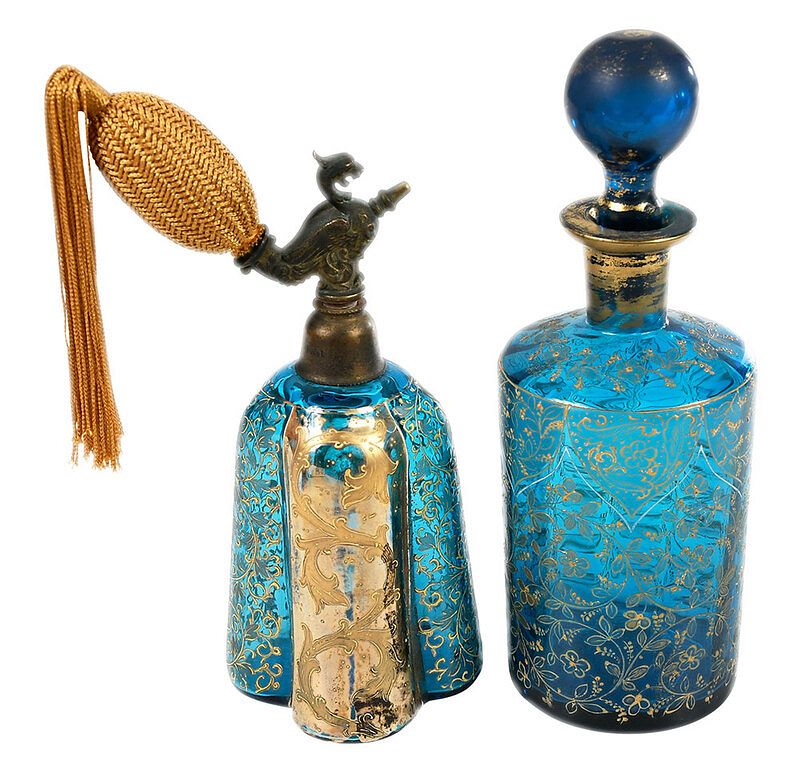 Appraisal: Moser Style Art Glass Set Perfume and Atomizer turquoise blue