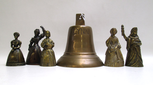 Appraisal: FIVE BRASS FIGURAL BELLS AND ONE LARGE BELL figural bells