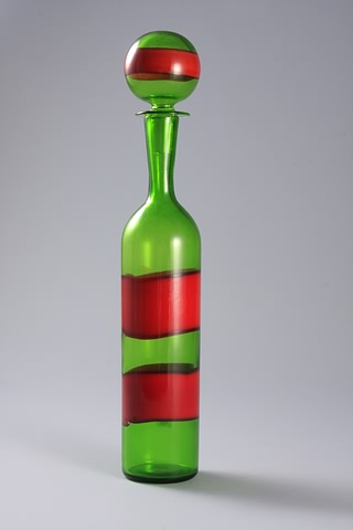 Appraisal: Green glass bottle with red bands and matching stopper H