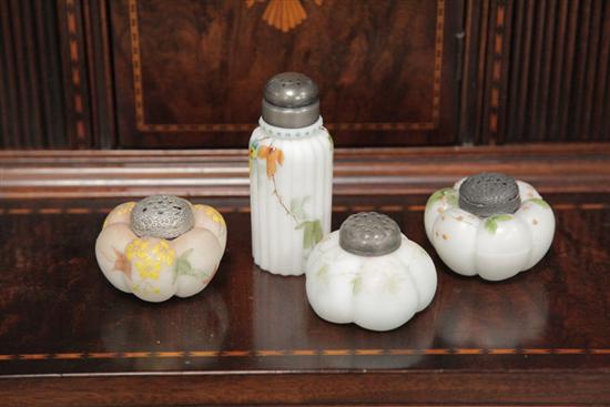 Appraisal: FOUR ART GLASS SHAKERS Attributed to Mt Washington Including three