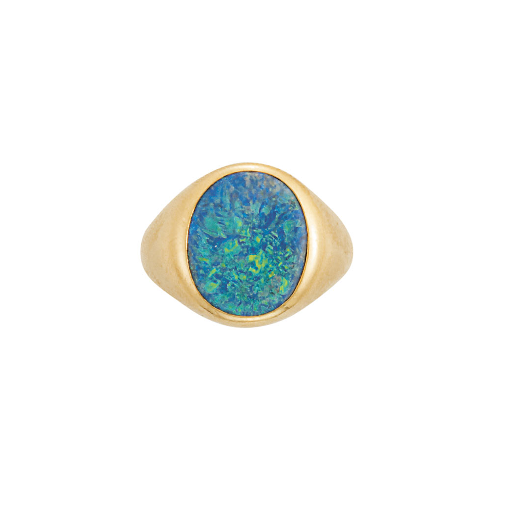 Appraisal: Gentleman's Gold and Black Opal Gypsy Ring kt one oval