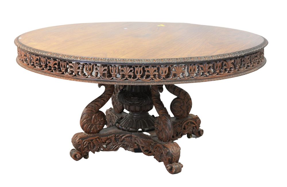 Appraisal: Round Mahogany Anglo Indian Table with pierce carved skirt on