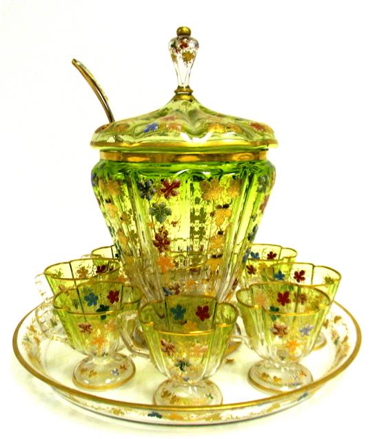 Appraisal: Covered glass punch bowl on tray with eight cups and