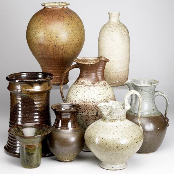 Appraisal: TED WILCOX Eight pieces of stoneware include five vase and