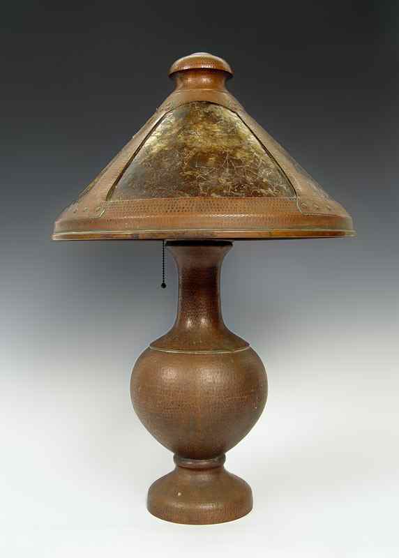 Appraisal: BENEDICT ARTS CRAFTS HAND HAMMERED LAMP WITH MICA INSERTS Hand