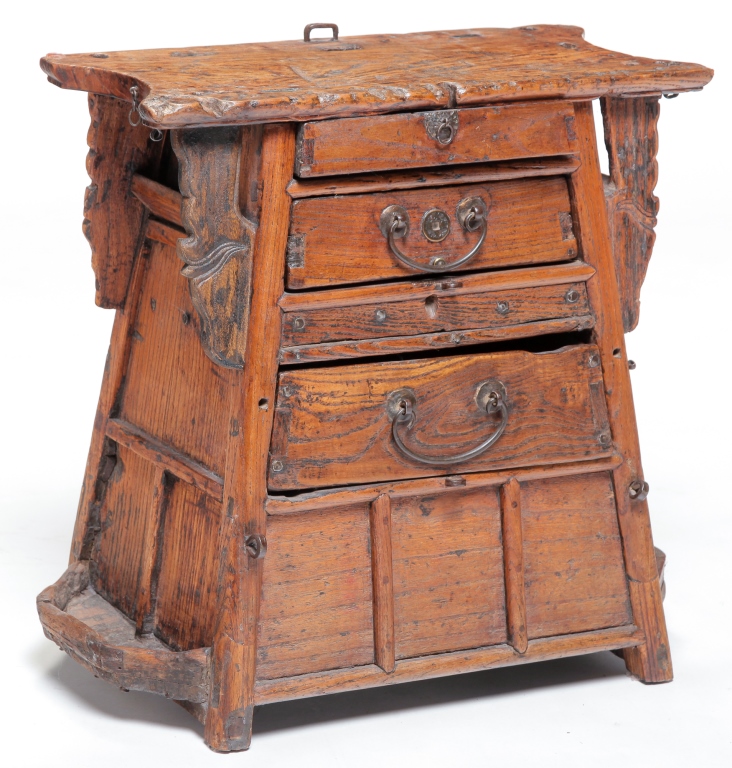 Appraisal: CHINESE BARBER'S CABINET Late th century elm Mortised construction with