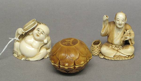 Appraisal: Three ivory figural okimono Including a fisherman seated with a