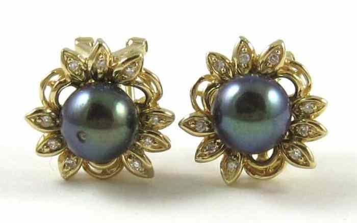 Appraisal: PAIR OF BLACK PEARL AND DIAMOND EARRINGS each k yellow