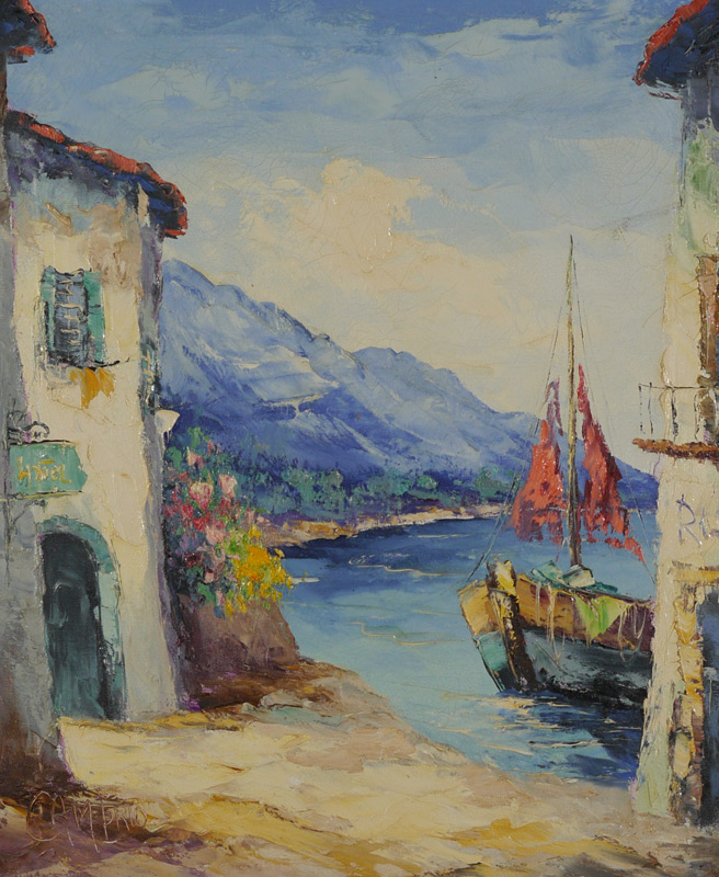 Appraisal: MEDITERRANEAN VILLAGE ON THE WATER PAINTING SIGNED CAMPRIO '' x