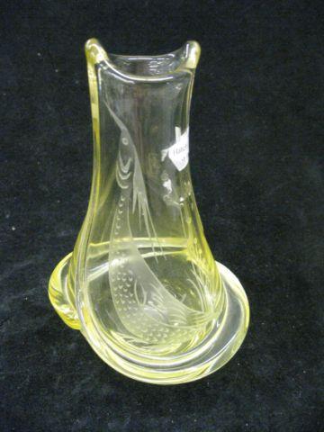 Appraisal: Yellow Etched Crystal Vase with Bird probably Swedish excellent