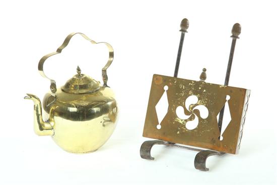 Appraisal: BRASS KETTLE AND TRIVET American or English th century Kettle