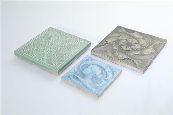 Appraisal: THREE ART POTTERY TILES A green floral tile marked Kensington