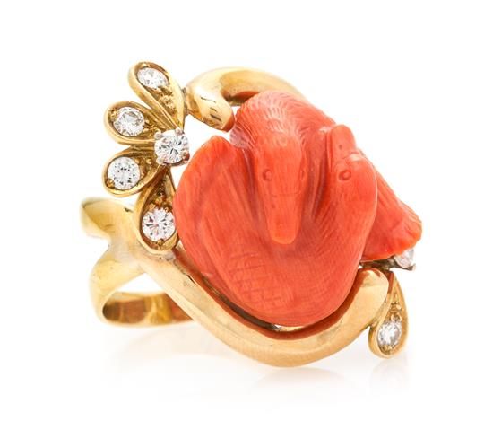 Appraisal: Sale Lot An Karat Yellow Gold Coral and Diamond Ring